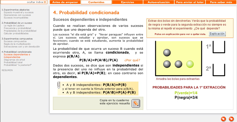 Probabilidad condicionada: Sucesos dependientes e independientes | Recurso educativo 92305