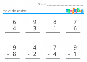 Ficha educativa con restas de una cifra. Material educativo para aprender a re | Recurso educativo 781919